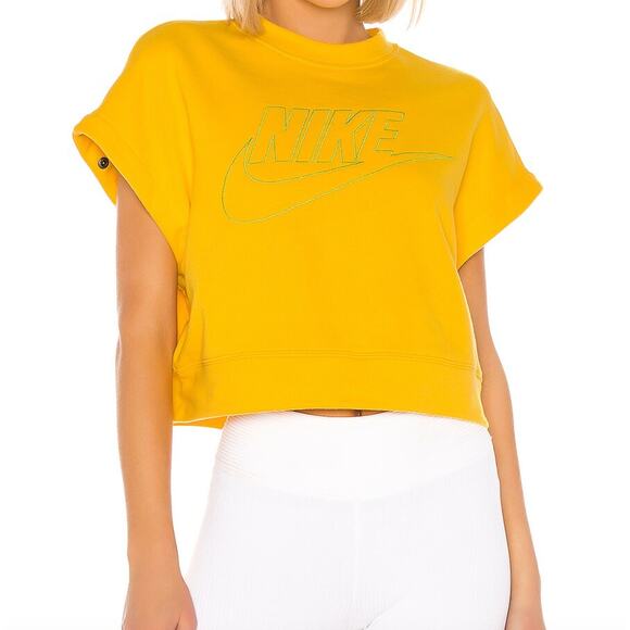 NIKE Yellow Green Cropped Sweatshirt Cotton Snap Detachable Sleeve Size Medium M - Picture 2 of 14